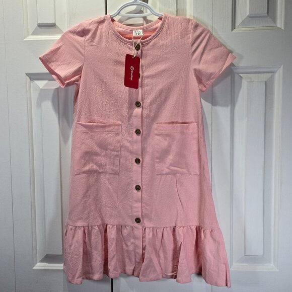 NWT Girl’s Pink Button-Up Dress with Pockets – Size 8-9 - Picture 1 of 6